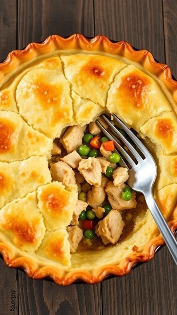 A golden quinoa chicken pot pie with visible chicken and vegetables, served on a wooden table.